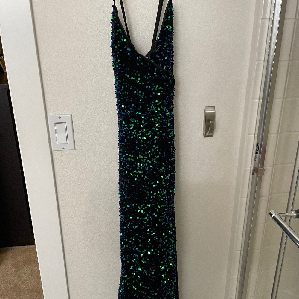 Long, sequin green, black and blue dress